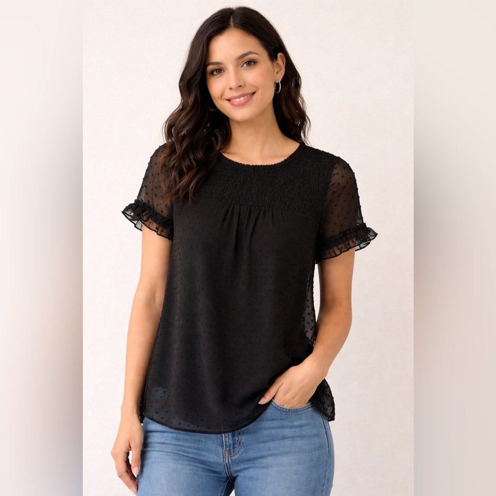 Nwt Rachel Black Swiss Dot Smocked Yoke Blouse